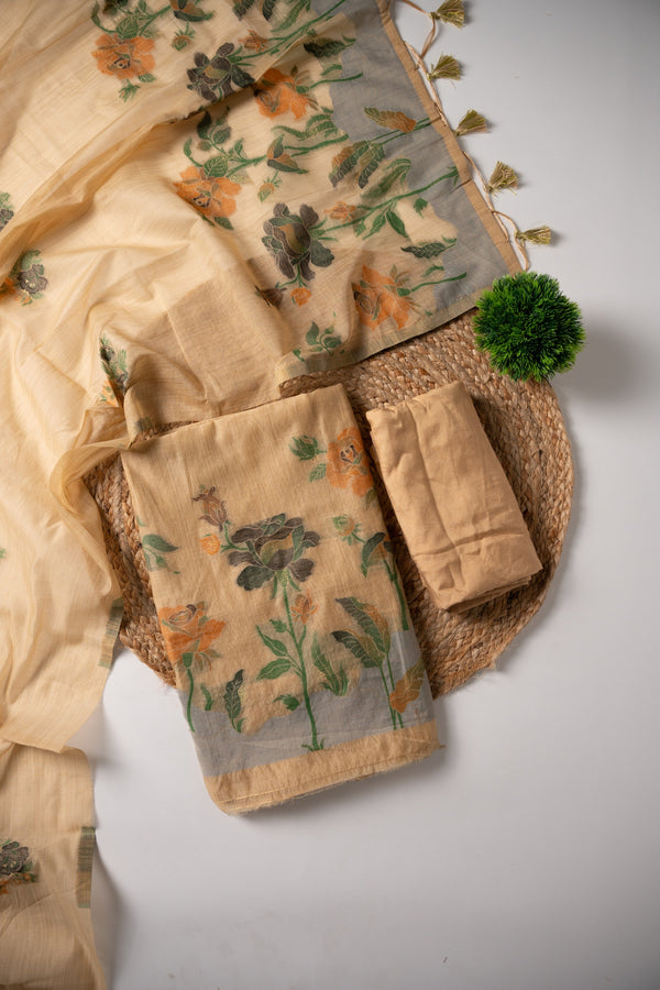 Trendy Tales Beige Cotton Unstitched Suit Set